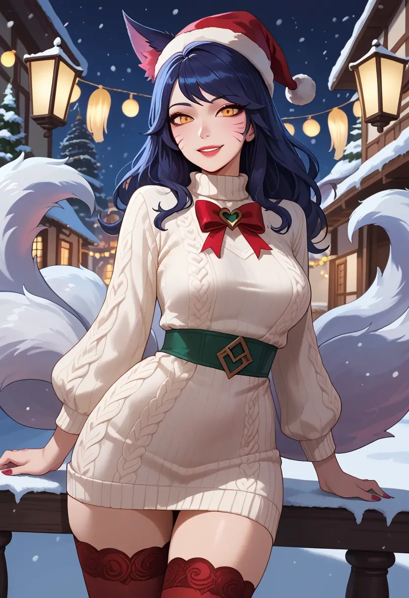 league_of_legends,ahri_(league_of_legends),Christmas,sweater dress,stockings  - 