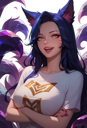 league_of_legends,ahri_(league_of_legends),handwritten script shirt,dolphin shorts  - AI generated anime art