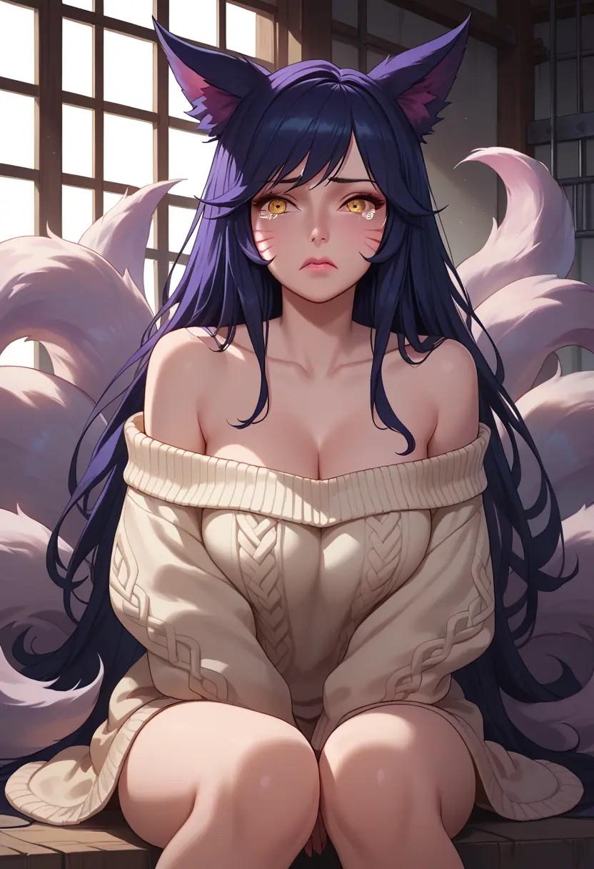 league_of_legends,ahri_(league_of_legends),sweater,off-shoulder,collar  - 