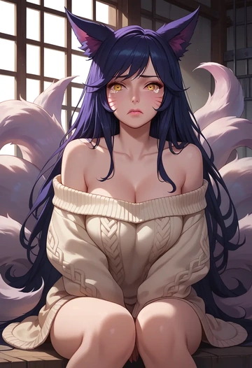 league_of_legends,ahri_(league_of_legends),sweater,off-shoulder,collar  - AI generated anime art