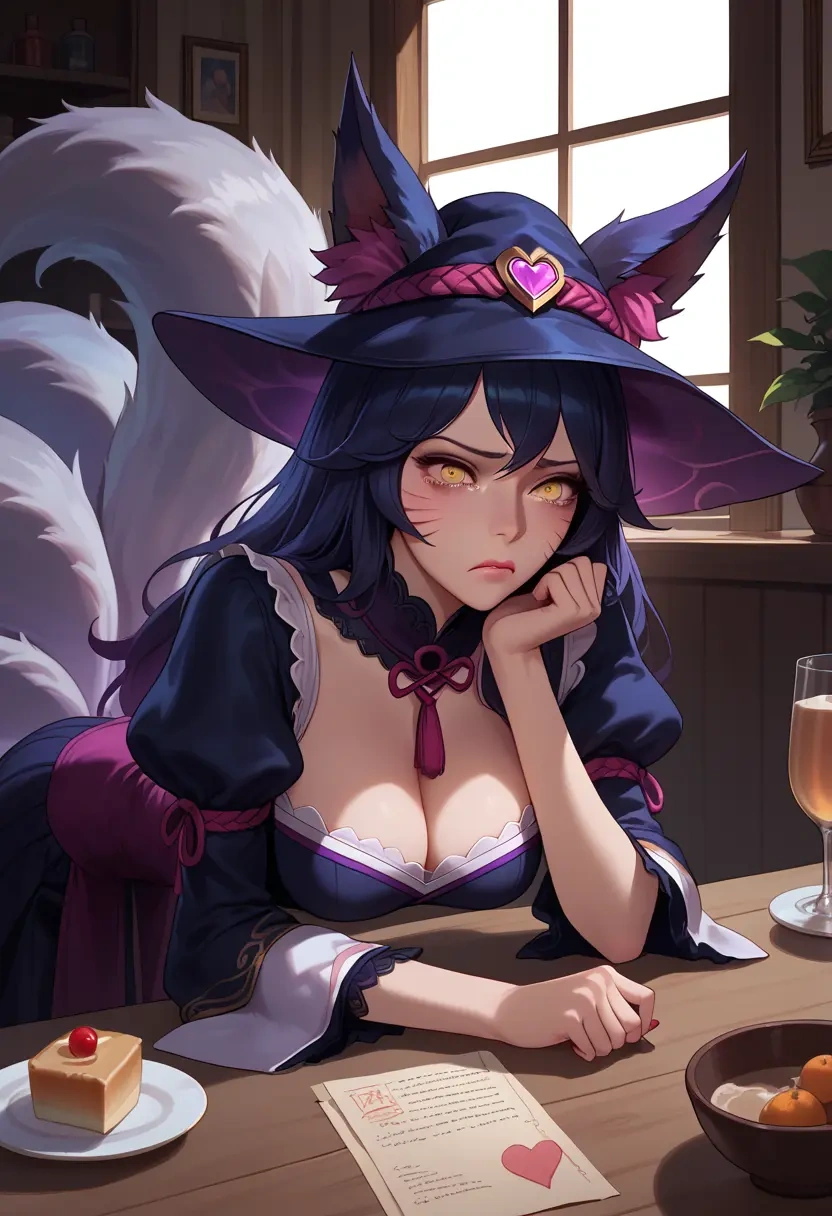 league_of_legends,ahri_(league_of_legends),witch blouse,asymmetrical skirt,striped stockings  - 