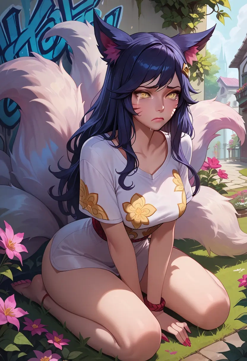 league_of_legends,ahri_(league_of_legends),oversized graffiti shirt,dolphin shorts  - 