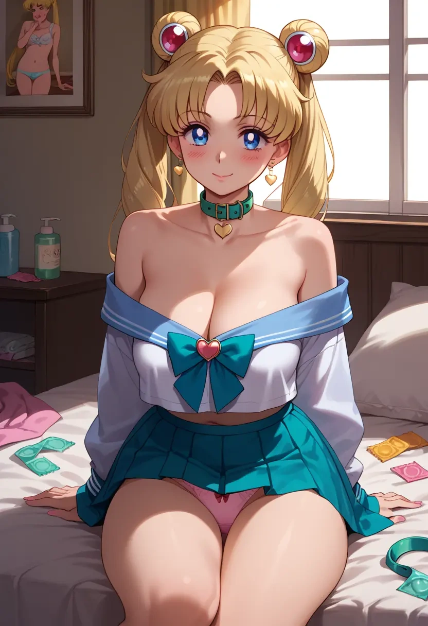 bishoujo_senshi_sailor_moon,aino_minako,blushing,collar, peace sign, condom,mini skirt,Thigh garters  - 