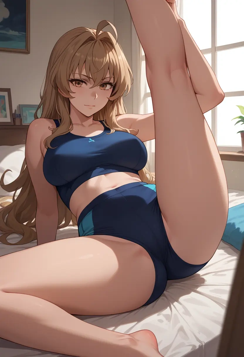 toradora!,aisaka_taiga,yoga shorts,spread legs,sexy,one leg up  - 