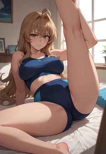 toradora!,aisaka_taiga,yoga shorts,spread legs,sexy,one leg up  - AI generated anime art