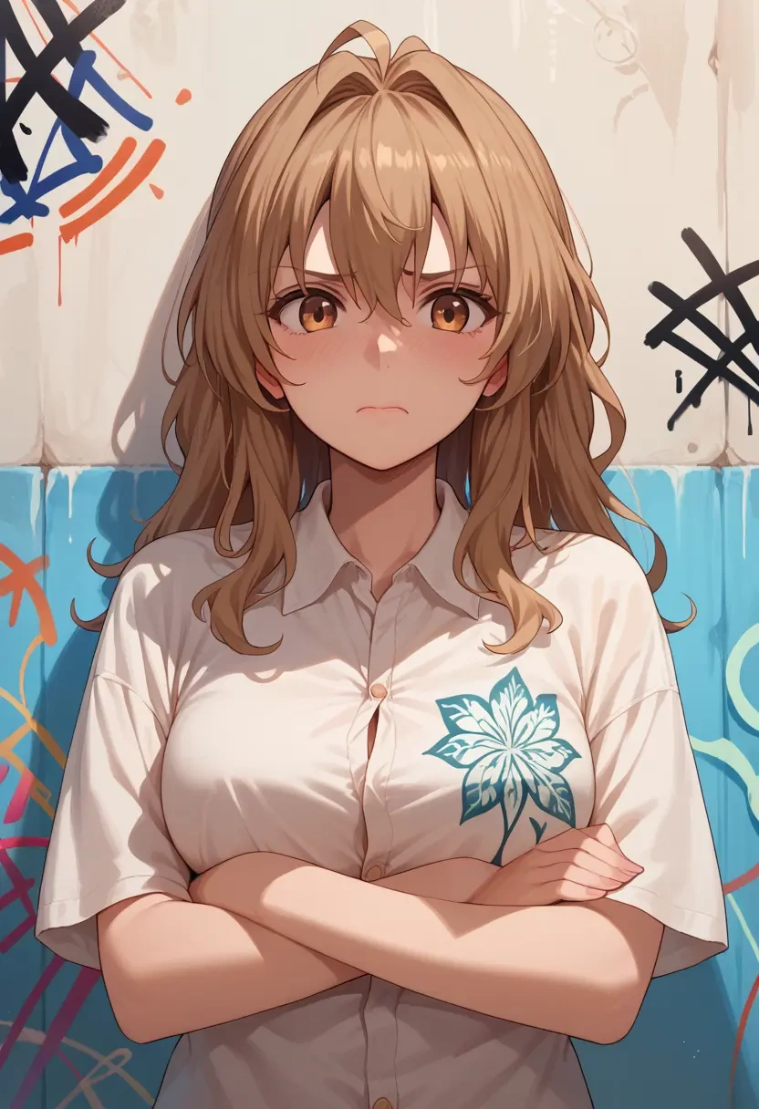 toradora!,aisaka_taiga,oversized graffiti shirt,dolphin shorts  - 