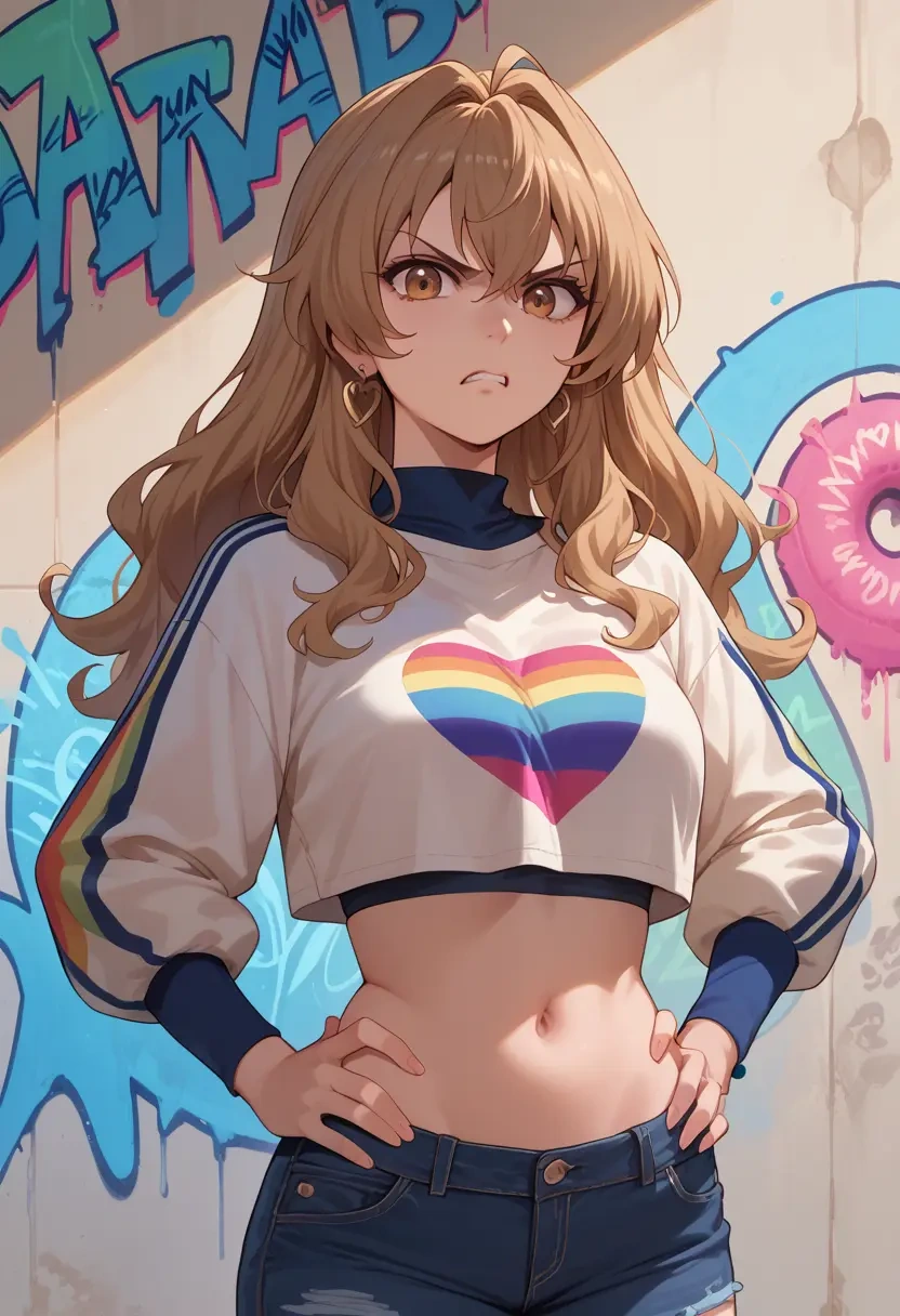 toradora!,aisaka_taiga,cropped graffiti sweatshirt,dolphin shorts  - 