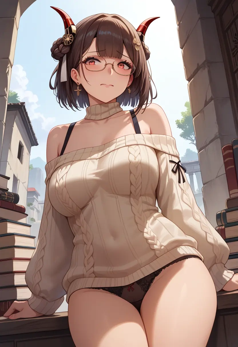 azur_lane,akagi_(azur_lane),sweater,panties,off-shoulder,glasses,sexy  - 