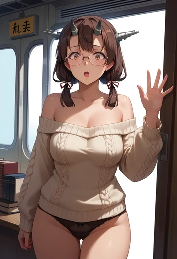 kantai_collection,akagi_(kancolle),sweater,panties,off-shoulder,glasses,sexy  - AI generated anime art