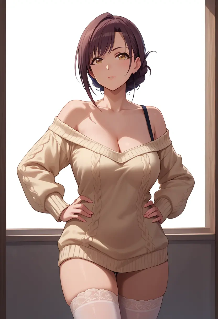 idolmaster,akagi_miria,Hands on hips,off-shoulder,sweater,stockings  - 