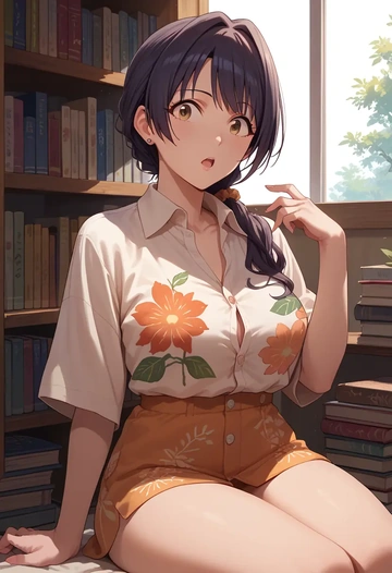 idolmaster,akagi_miria,oversized graffiti shirt,dolphin shorts  - AI generated anime art