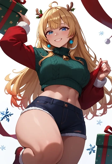 hololive,akai_haato,Christmas,red velvet shorts,turtleneck sweater  - AI generated anime art