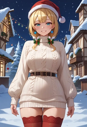 hololive,akai_haato,Christmas,sweater dress,stockings  - AI generated anime art