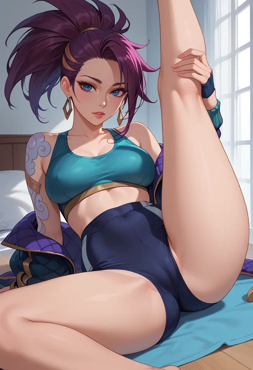 league_of_legends,akali,yoga shorts,spread legs,sexy,one leg up  - 