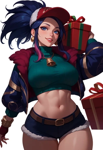 league_of_legends,akali,Christmas,red velvet shorts,turtleneck sweater  - AI generated anime art