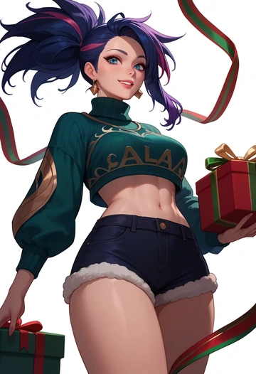 league_of_legends,akali,Christmas,red velvet shorts,turtleneck sweater  - AI generated anime art