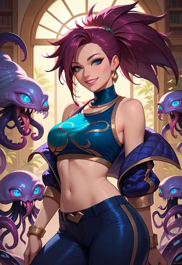 league_of_legends,akali,crop top,athletic shorts  - AI generated anime art