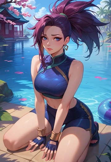 league_of_legends,akali,sleeveless swim top,shorts-style bottom,contrast stitching  - AI generated anime art