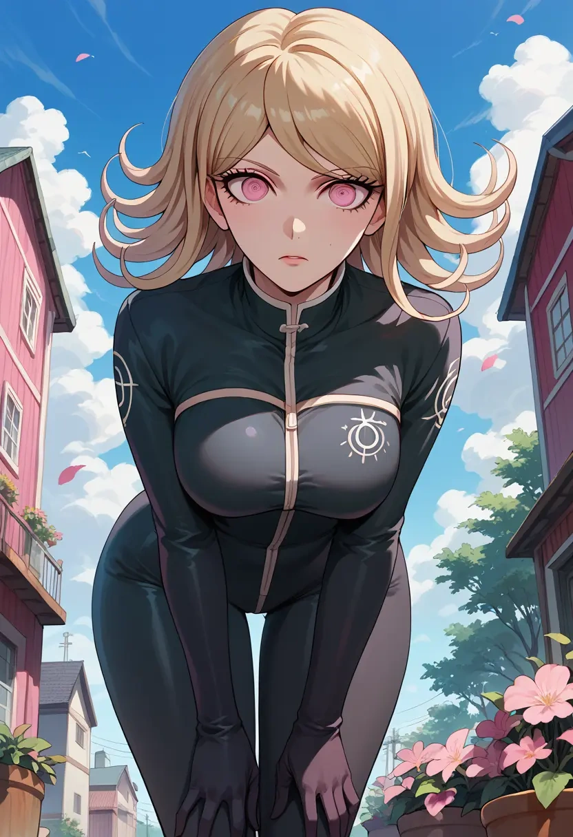 danganronpa_(series),akamatsu_kaede,black widow bodysuit,spiderweb cape,leather gloves  - 