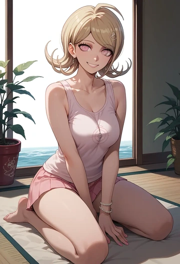 danganronpa_(series),akamatsu_kaede,tank top,mesh,cycling shorts  - AI generated anime art