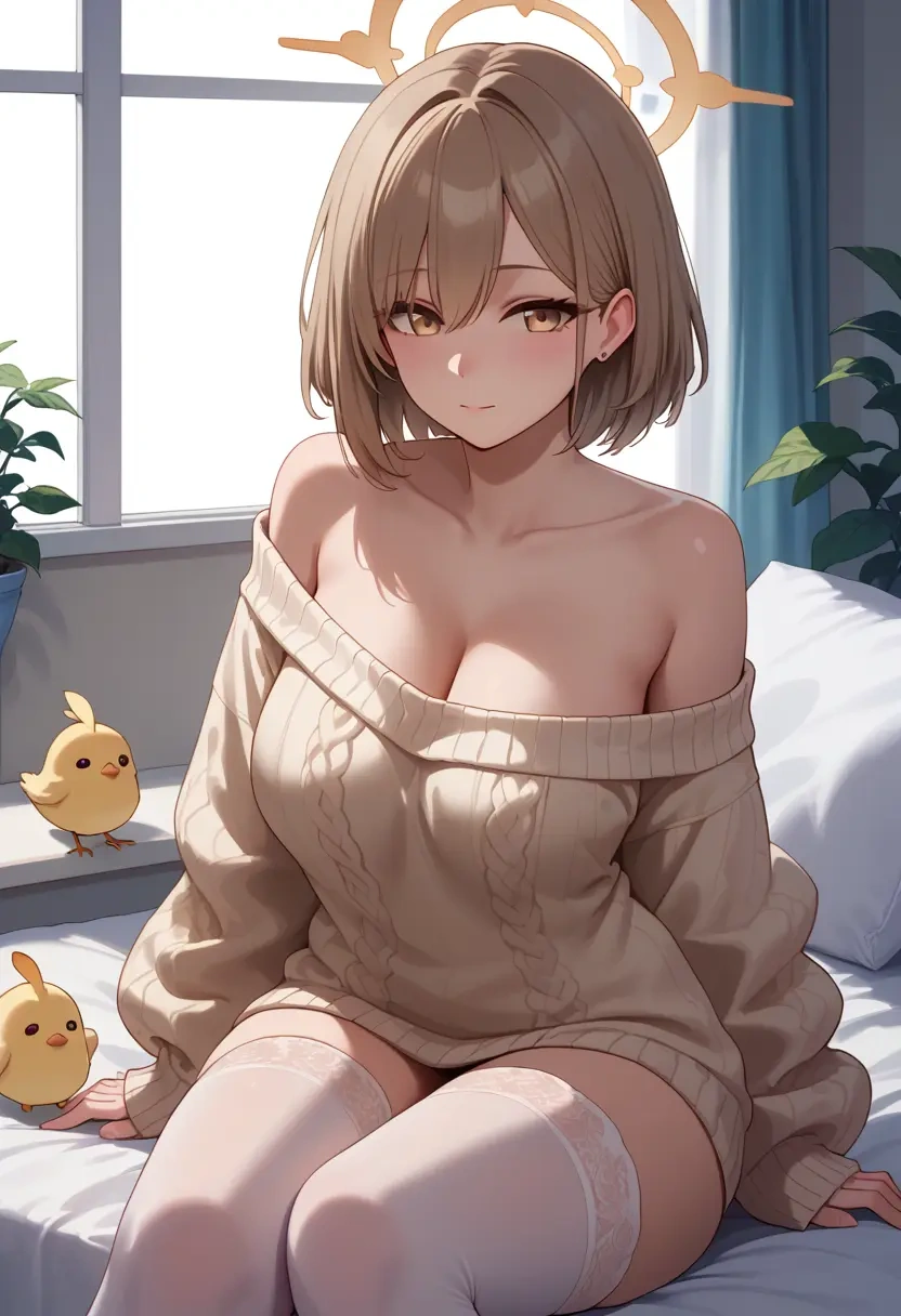 blue_archive,akane_(blue_archive),cross-legged,Head resting on hand,off-shoulder,sweater  - 