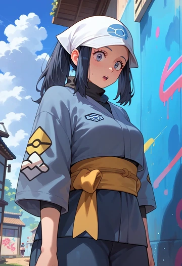 pokemon,akari_(pokemon),cropped graffiti sweatshirt,dolphin shorts  - AI generated anime art