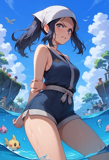 pokemon,akari_(pokemon),sleeveless swim top,shorts-style bottom,contrast stitching  - AI generated anime art