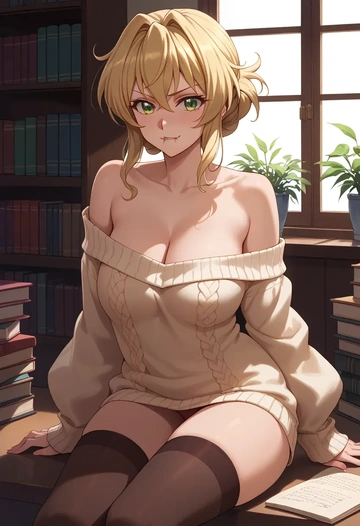 senki_zesshou_symphogear,akatsuki_kirika,Biting lip,off-shoulder,sweater,stockings  - AI generated anime art