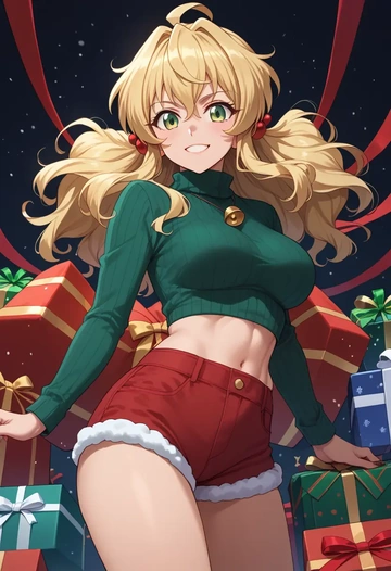 senki_zesshou_symphogear,akatsuki_kirika,Christmas,red velvet shorts,turtleneck sweater  - AI generated anime art