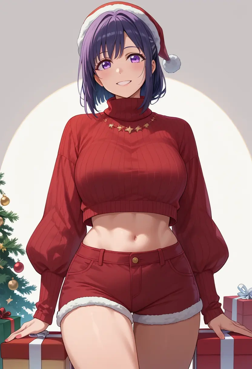 yuru_yuri,akaza_akari,Christmas,red velvet shorts,turtleneck sweater  - 