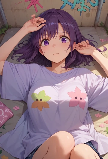 yuru_yuri,akaza_akari,oversized graffiti shirt,dolphin shorts  - AI generated anime art