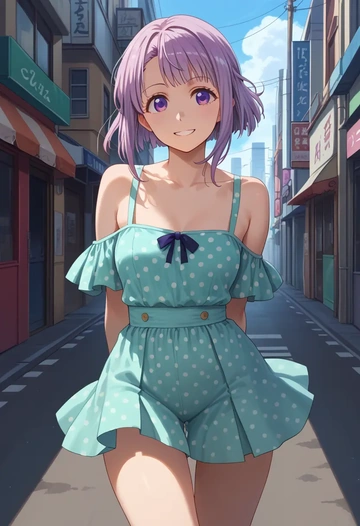 yuru_yuri,akaza_akari,silk slip dress,polka dots  - AI generated anime art