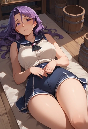 kantai_collection,akebono_(kancolle),sleeveless swim top,shorts-style bottom,contrast stitching  - AI generated anime art