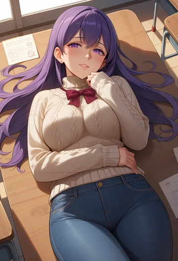 kantai_collection,akebono_(kancolle),teacher, sweater, jeans shorts  - AI generated anime art