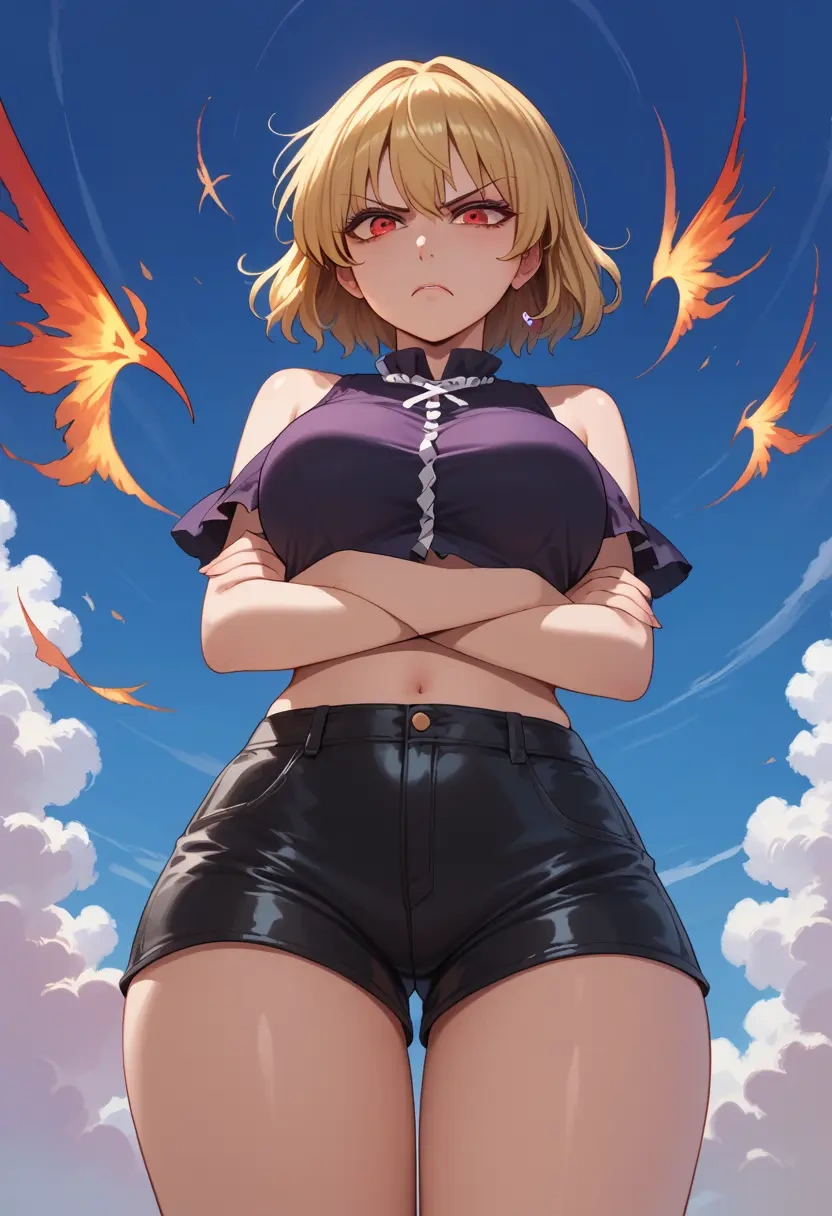 touhou,aki_minoriko,leather,shorts,crop top  - 