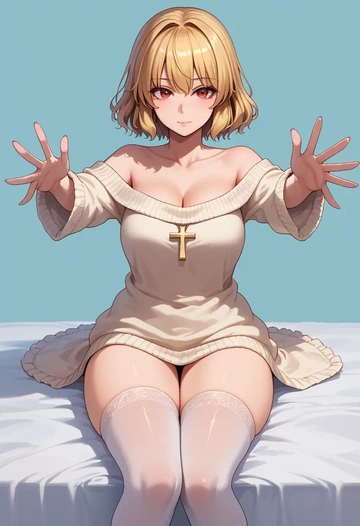 touhou,aki_minoriko,cross-legged,off-shoulder,sweater,stockings  - AI generated anime art