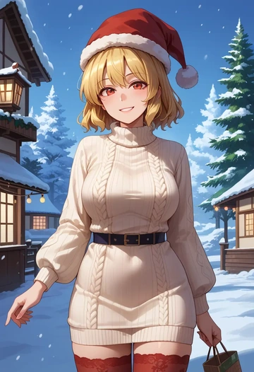 touhou,aki_minoriko,Christmas,sweater dress,stockings  - AI generated anime art