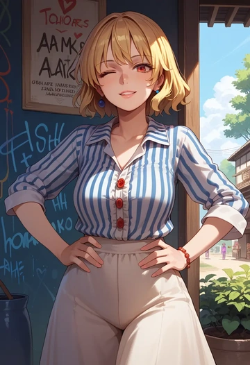 touhou,aki_minoriko,striped graffiti blouse,dolphin shorts  - AI generated anime art