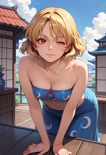 touhou,aki_minoriko,tube top,jogger shorts  - AI generated anime art