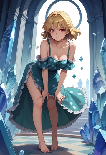 touhou,aki_minoriko,silk slip dress,polka dots  - AI generated anime art