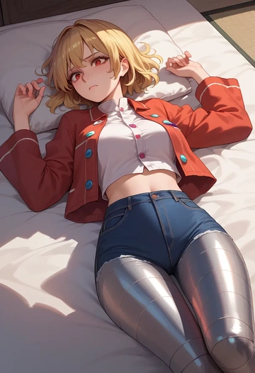 touhou,aki_minoriko,denim jacket,cropped,leather leggings  - AI generated anime art