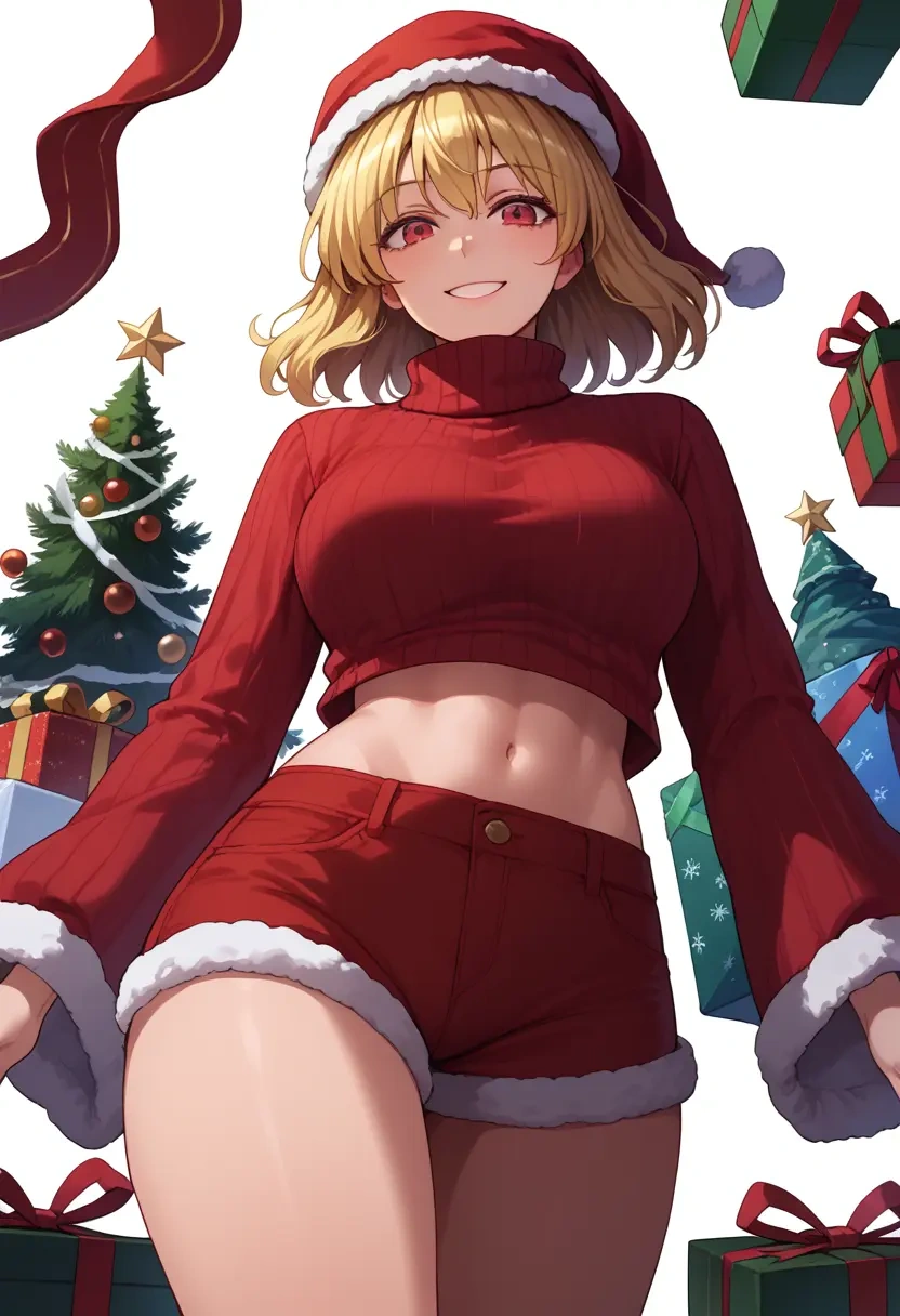 touhou,aki_shizuha,Christmas,red velvet shorts,turtleneck sweater  - 