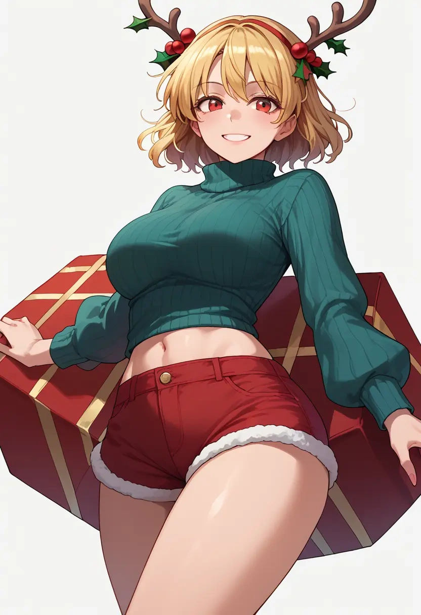 touhou,aki_shizuha,Christmas,red velvet shorts,turtleneck sweater  - 