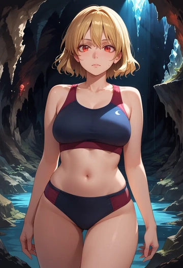 touhou,aki_shizuha,sports bra,wide-leg joggers  - AI generated anime art