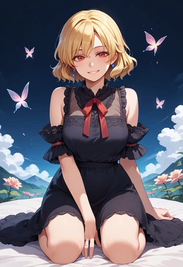 touhou,aki_shizuha,dark fairy blouse,layered tulle skirt,glitter stockings  - AI generated anime art