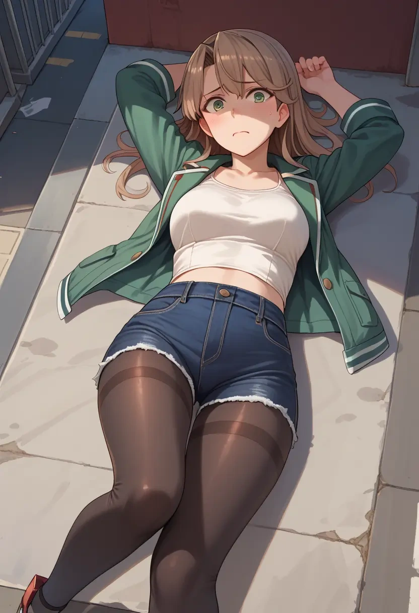 kantai_collection,akigumo_(kancolle),denim jacket,cropped,leather leggings  - 