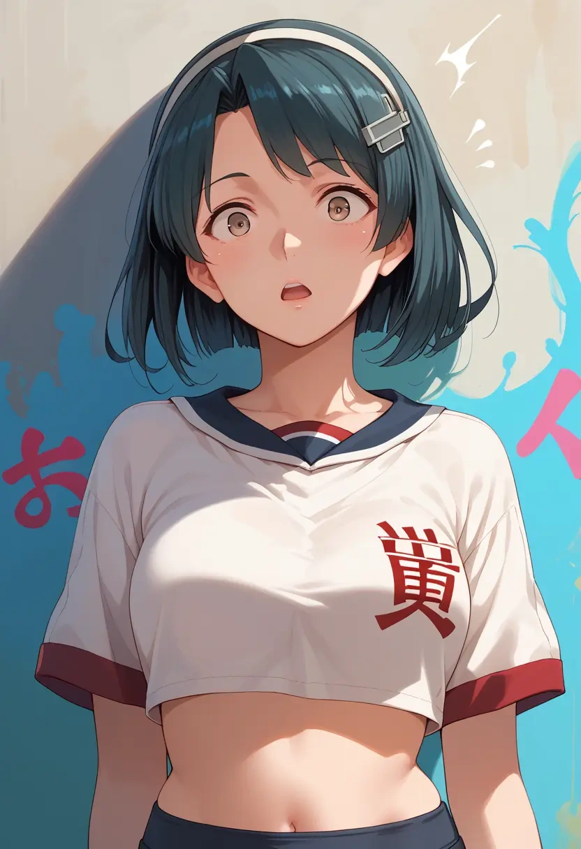 kantai_collection,akitsu_maru_(kancolle),cropped graffiti sweatshirt,dolphin shorts  - 