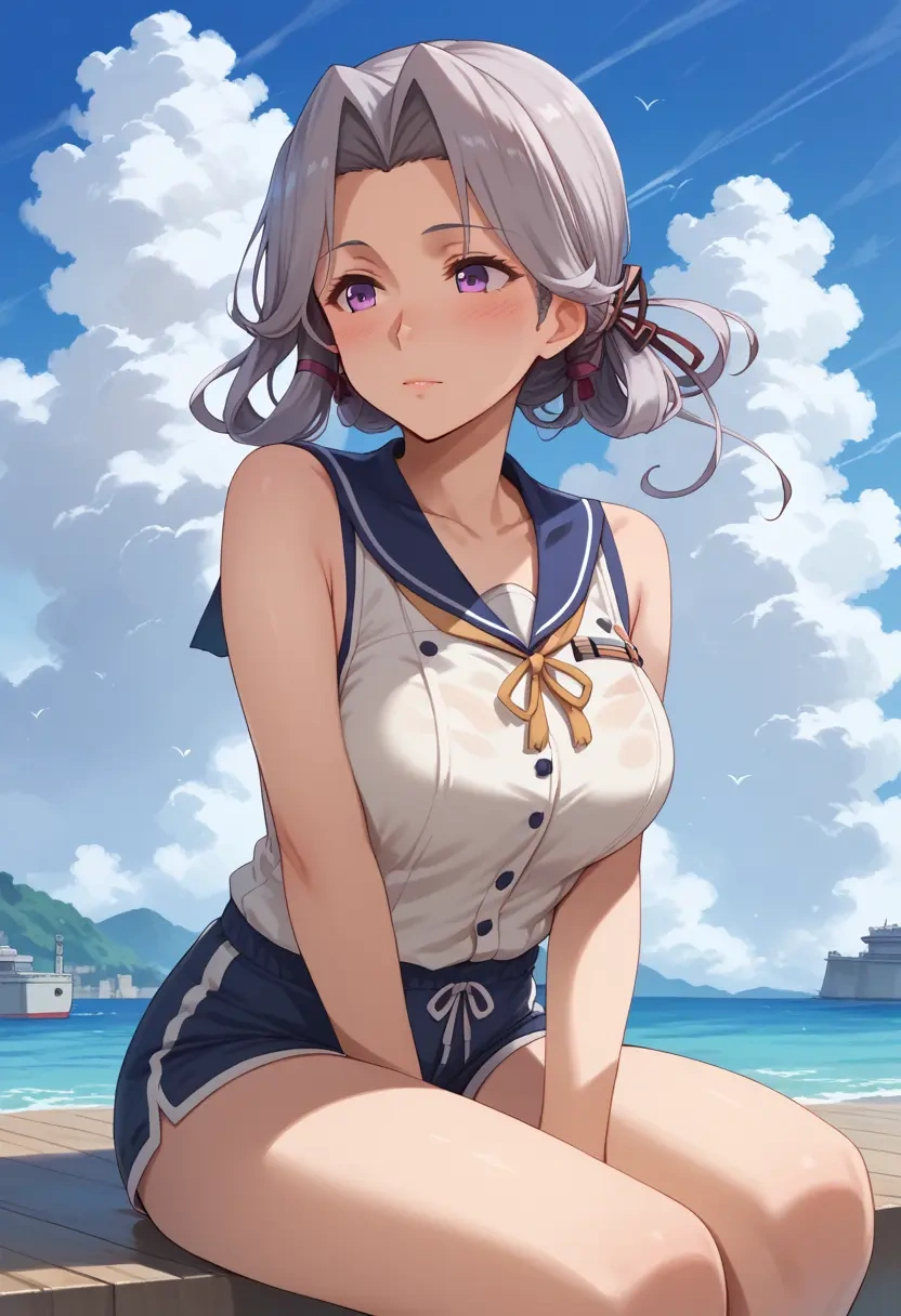 kantai_collection,akitsushima_(kancolle),sleeveless swim top,shorts-style bottom,contrast stitching  - 