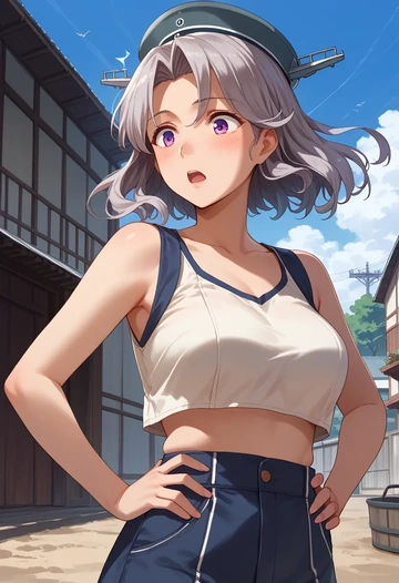 kantai_collection,akitsushima_(kancolle),crop top,loose joggers,headset  - AI generated anime art