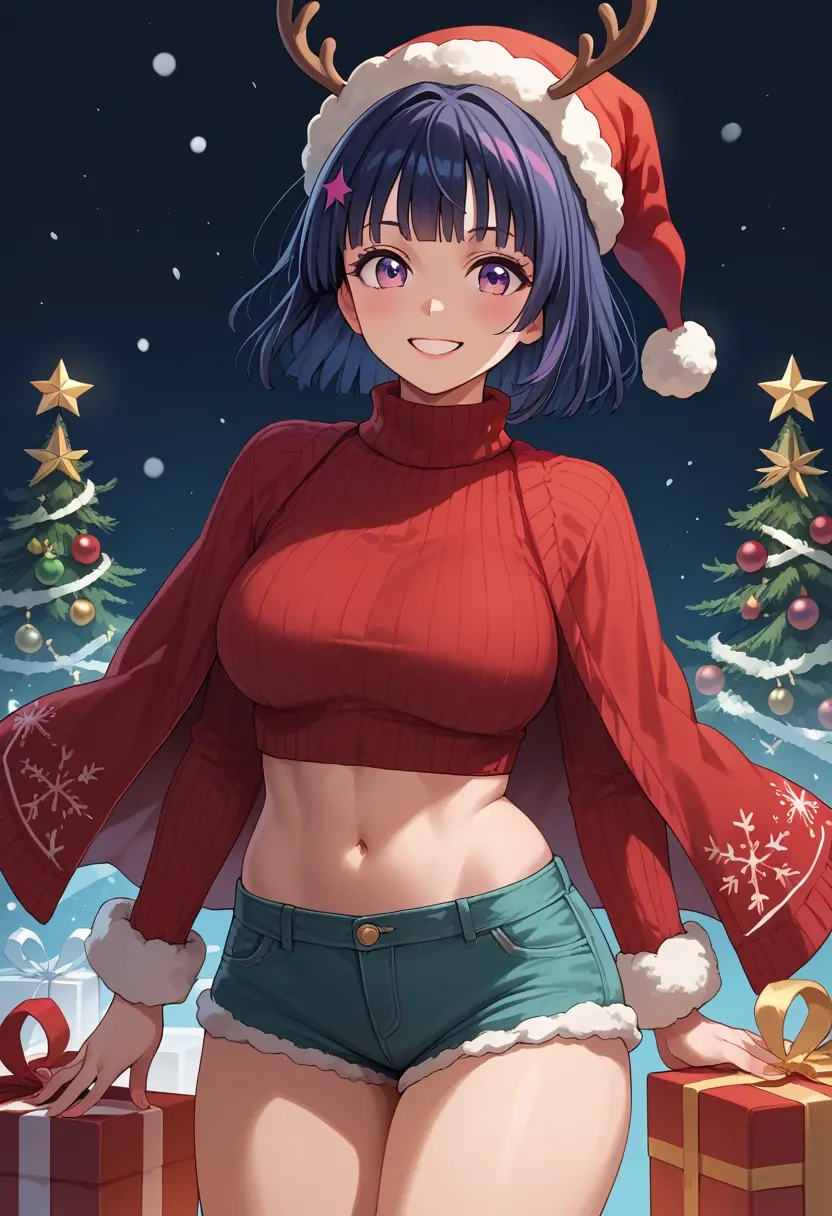 k-on!,akiyama_mio,Christmas,red velvet shorts,turtleneck sweater  - 